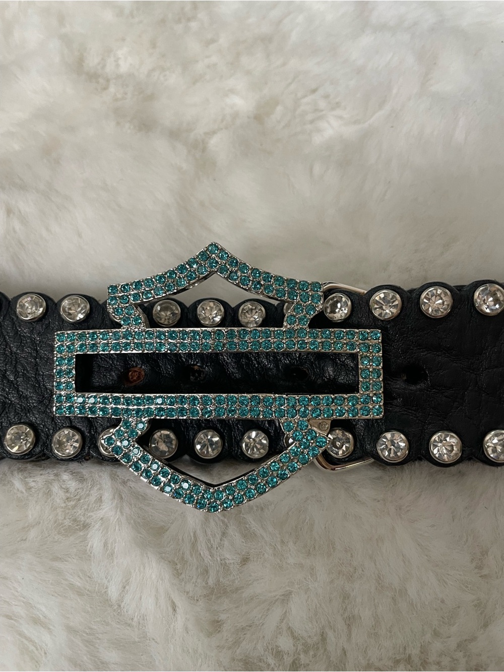 Harley-Davidson Black Leather Belt with Teal Crystal Buckle